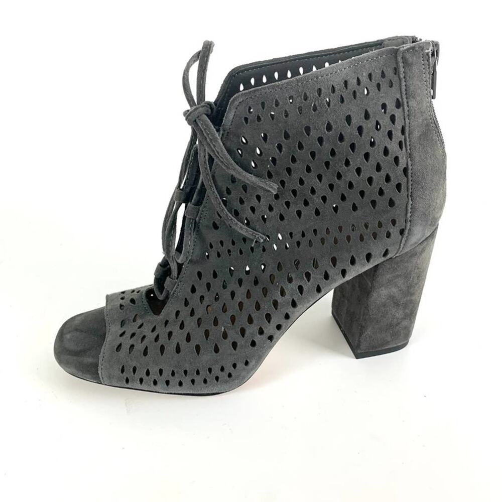 Arturo Chiang Womens Gray Lace Up Open Toe Leather Block Heel Bootie Siz…